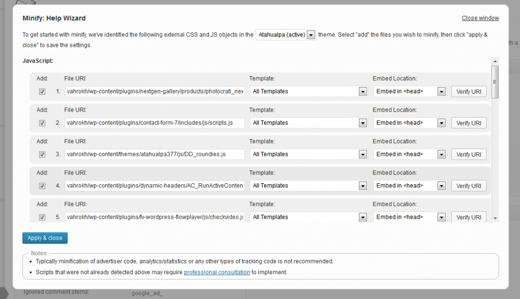 W3 Total Cache Minify Wizard